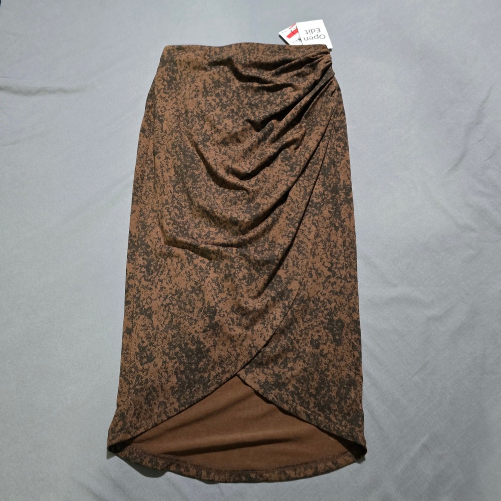 Open Edit Ruched Midi Skirt Women XXS Brown Abstract Draped Tulip Hem NEW